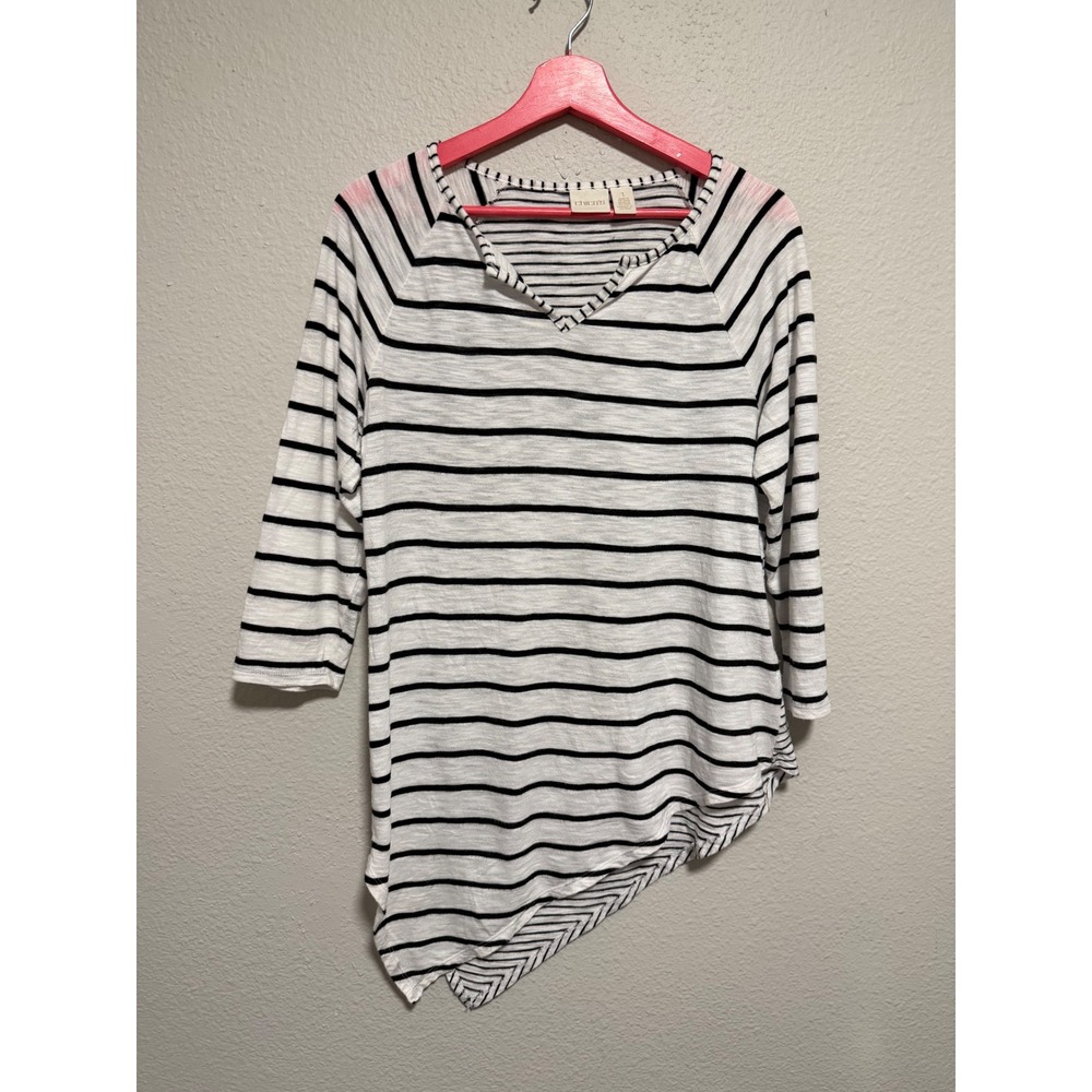 Chicos Striped Asymmetrical Sharkbite Hem Top Black White 3/4 Sleeve Size 1 M